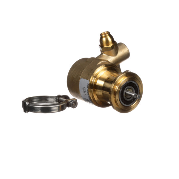 A close-up of a brass Glastender pump with a metal ring.
