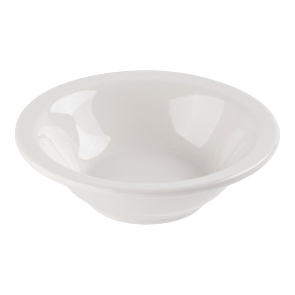 A white, round porcelain bowl with a wide rim and shallow depth.