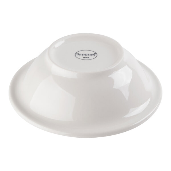A white porcelain bowl shown upside down with a small circular base and a smooth, glossy finish.