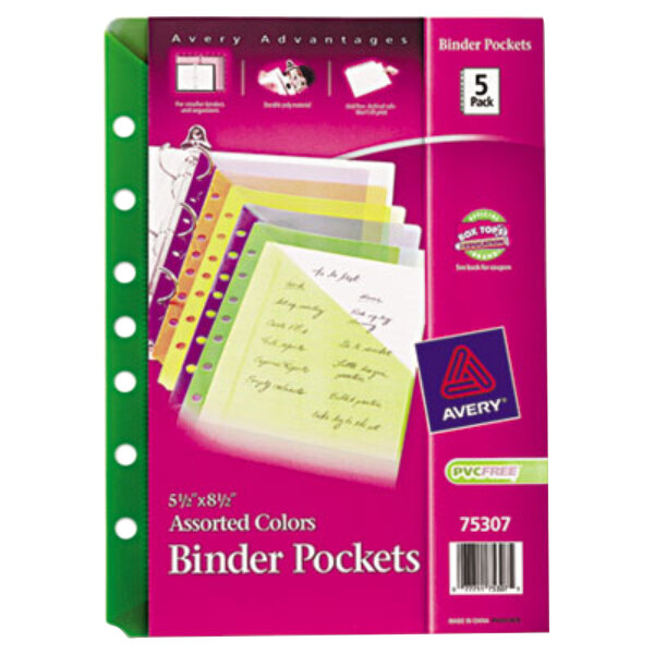 A pack of 5 Avery Mini Assorted Binder Pockets.