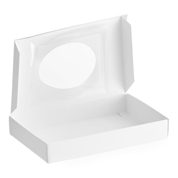 A white rectangular candy box with an oval window.