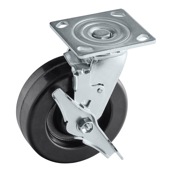 A Vulcan black and silver metal caster wheel with brake.