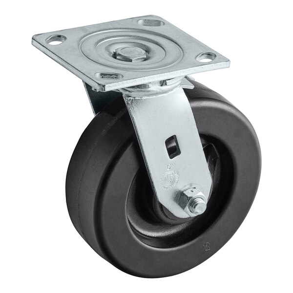 A Vulcan black caster wheel with a black and silver metal plate.