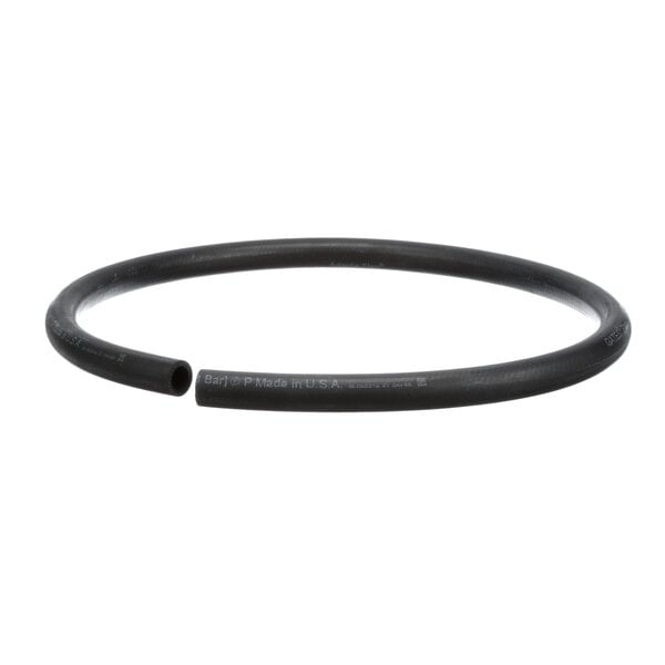 A black rubber hose with white text on it.