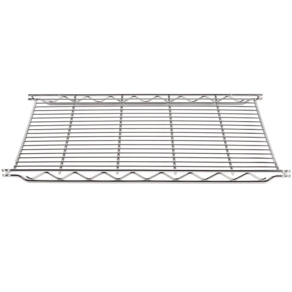 A Metro Erecta chrome wire shelf on a metal rack.