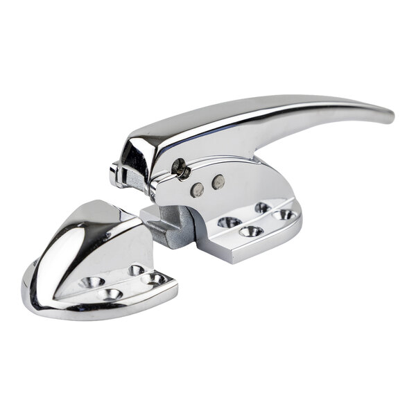 A chrome-plated metal latch and strike set for doors or cabinets.