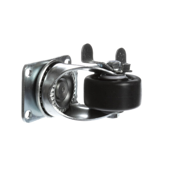 A close-up of a black metal caster wheel for Henny Penny.