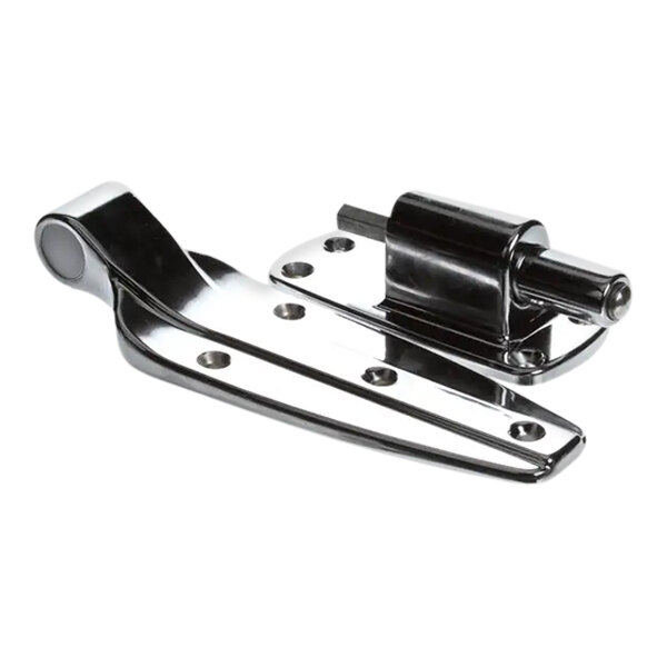 A close-up of a chrome plated Master-Bilt hinge for Infit doors.