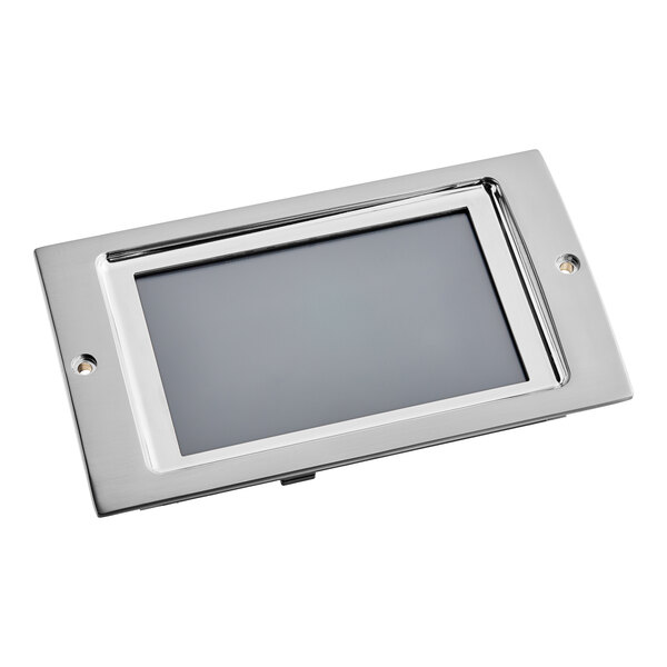 A rectangular silver object with a grey screen.