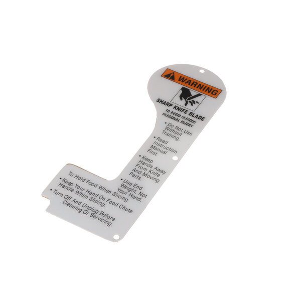 A white plastic Globe label with black text and an orange and black warning symbol.