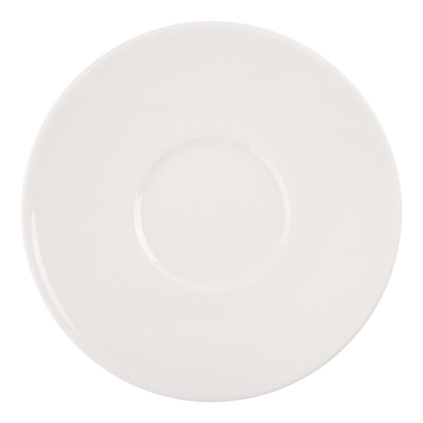 A round, plain white saucer with a slightly raised center area.