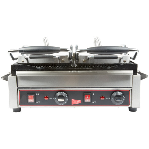 A Cecilware double panini grill machine with two grooved plates and two handles.