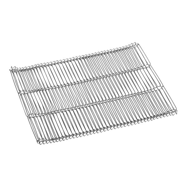 A stainless steel wire rack with a handle for a Hatco conveyor.