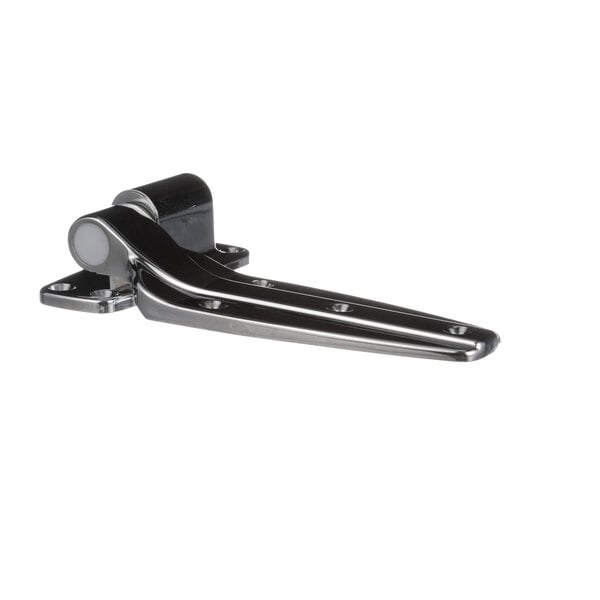 A close-up of a black metal Norlake hinge.