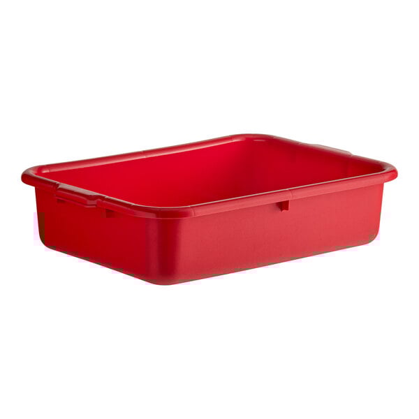 A red polyethylene plastic bus tub or bus box measuring 20 inches by 15 inches by 5 inches.