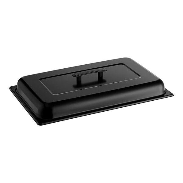 A black rectangular Sterno Chalkboard chafer lid with a handle.