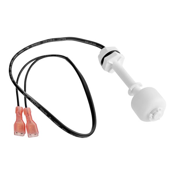 A white plastic Manitowoc Ice float switch with a white and black cord attached.