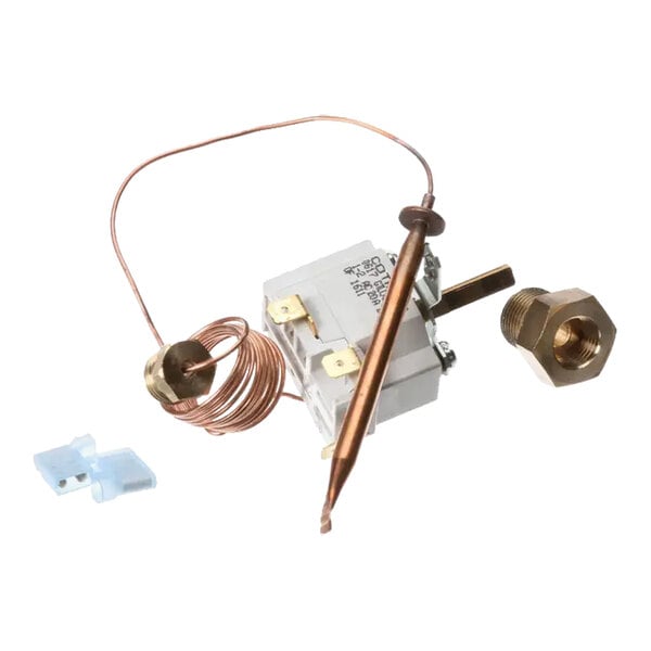 An operating thermostat assembly with a copper sensing bulb, capillary tube, and brass fittings.