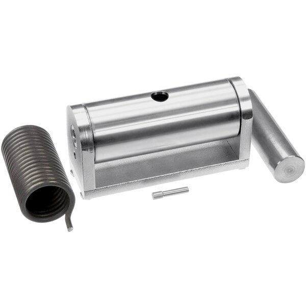 A stainless steel Crown Steam hinge assembly cylinder with a spring.