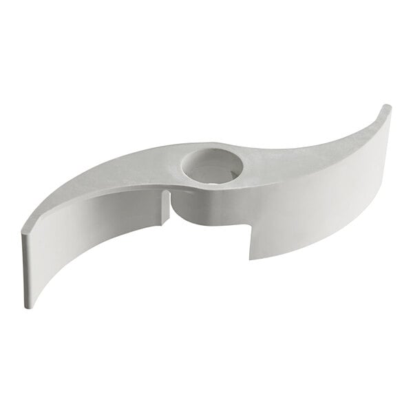 A white plastic Robot Coupe discharge paddle with a handle and a hole.