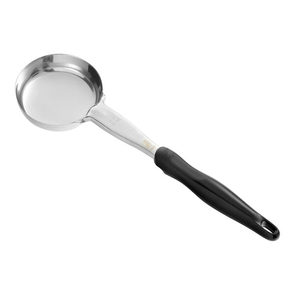 A black Vollrath Jacob's Pride round serving spoon with a silver handle.