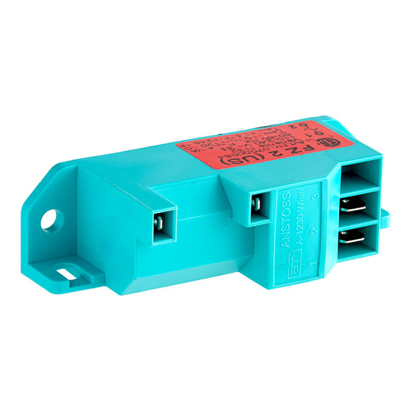 A blue electronic spark generator with red labels and two red wires.