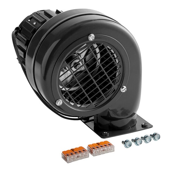 A black blower with a metal cover and nuts.