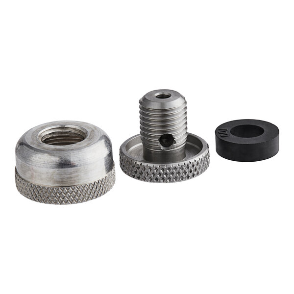 A group of metal objects including two stainless steel nuts and a screw.