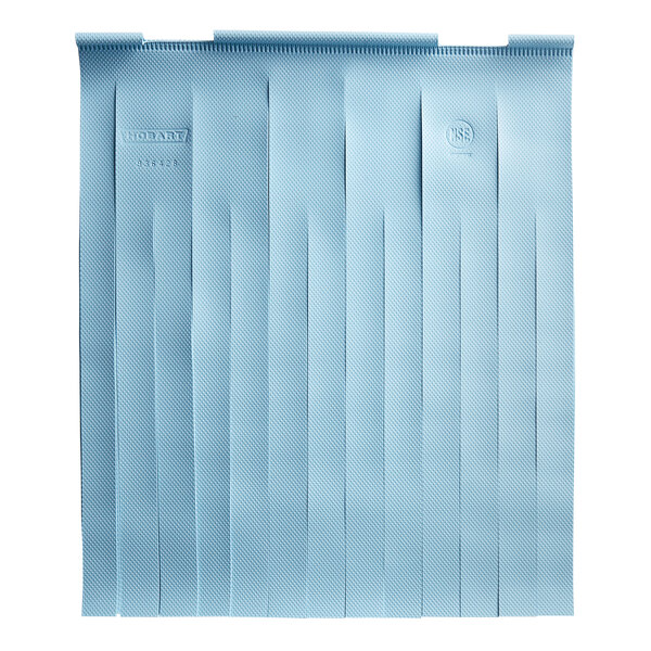 A blue plastic bag with a blue piece of paper with white text inside.