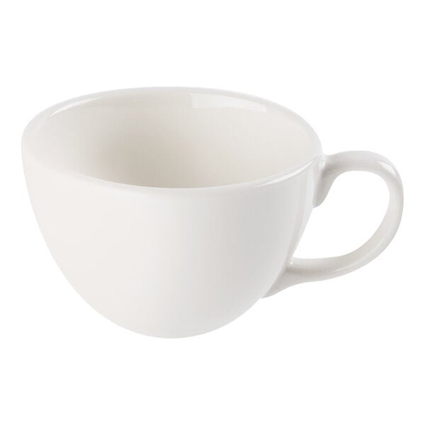 A plain white porcelain coffee cup with a handle, shown against a white background.