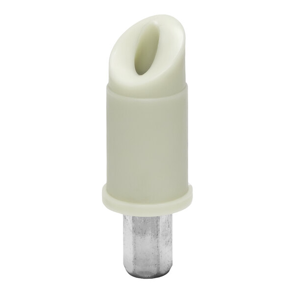 A white plastic rod and follower component with a metal base.