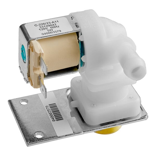 A white Manitowoc Ice water inlet valve with a white plastic cover.