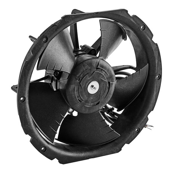 A black True Refrigeration evap fan motor with wires.