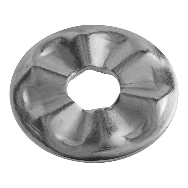 A stainless steel Hamilton Beach Upper Button with a hole in the center.