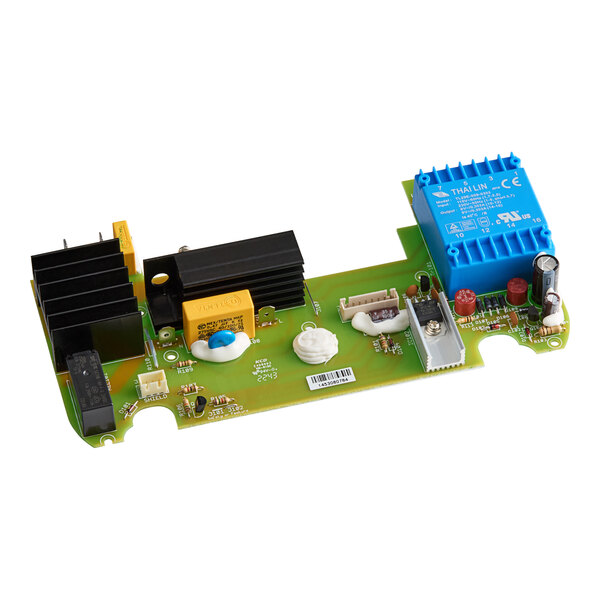 A green circuit board for a Hamilton Beach commercial blender with black and blue components.