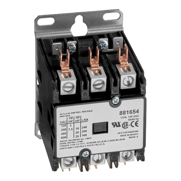 A close-up of a black and silver Vulcan 3-pole contactor.