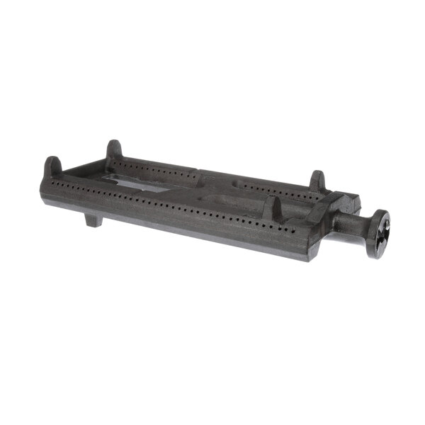 A grey metal rectangular object with holes.