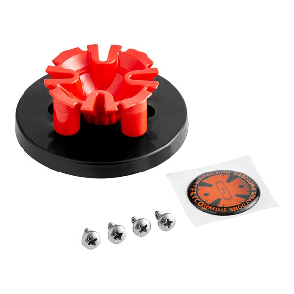 A red and black plastic Fetco Small Magnetic Cascading Spray Dome Retrofit Kit holder with screws.