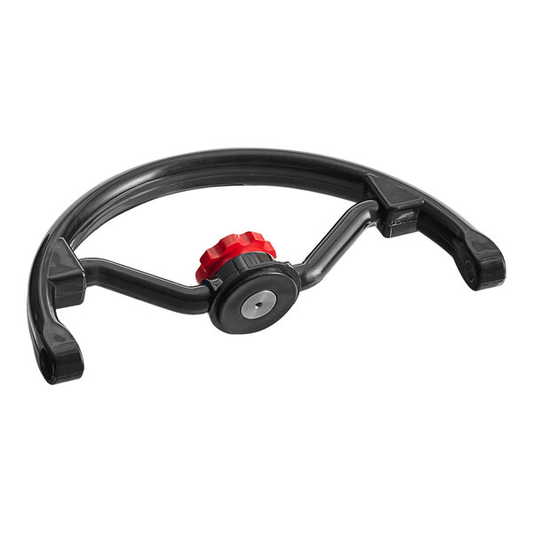 A black and red handle with a red knob.