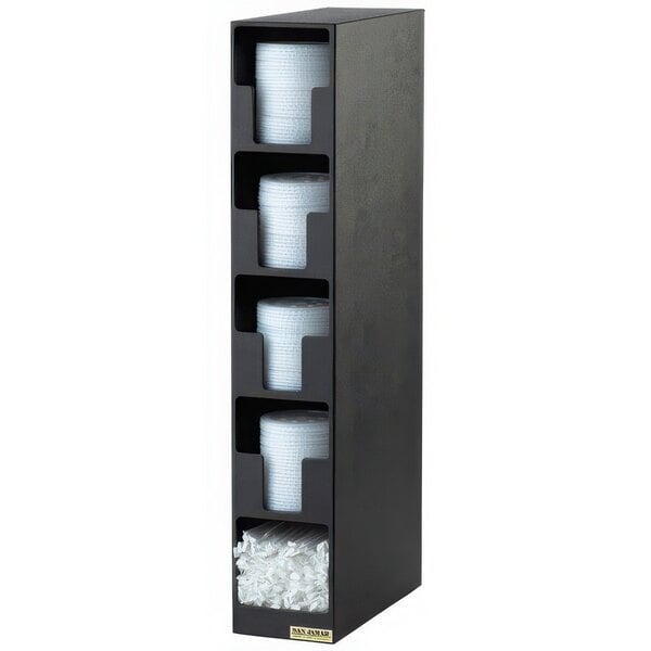 A black San Jamar countertop lid organizer with four compartments and a straw bin.
