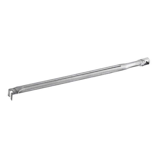 A stainless steel burner with a metal rod handle.