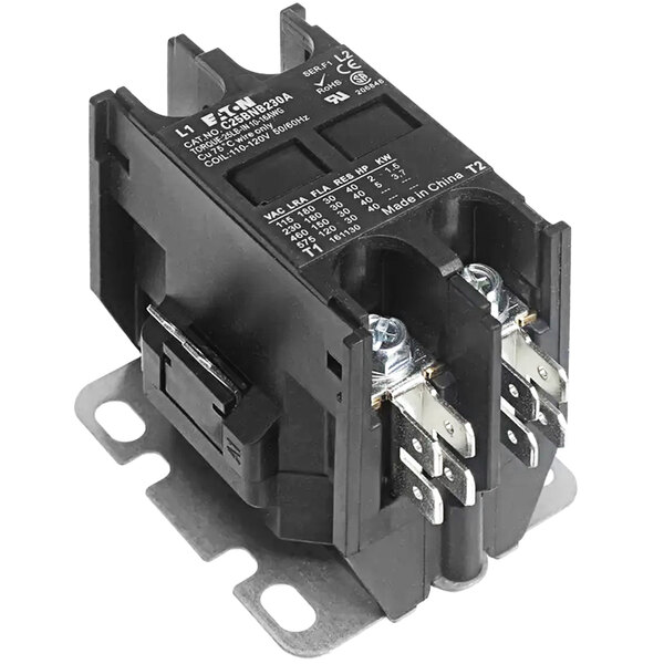 a black electrical device with metal parts
