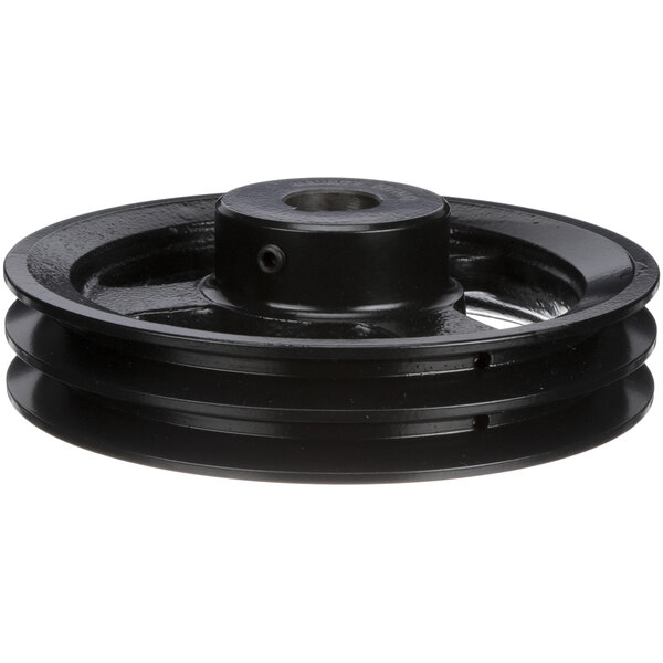 A black Stero pulley with a hole.
