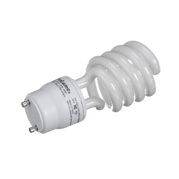 A close-up of a Master-Bilt spiral compact fluorescent light bulb.