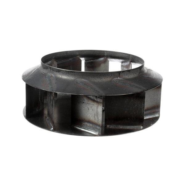 A black metal blower wheel with a circular hole and metal ring with holes.