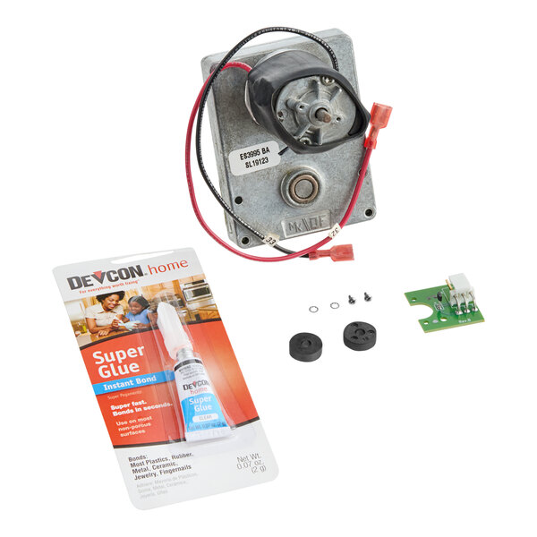 A conveyor motor assembly kit for Lincoln ovens, including a motor, circuit board, small hardware, and a tube of super glue.