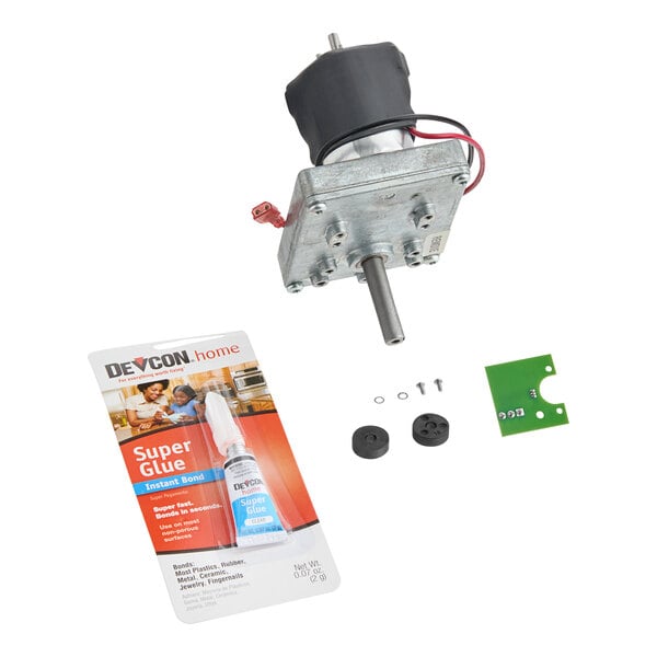A conveyor motor assembly kit with a motor, super glue, small hardware components, and a green circuit board.