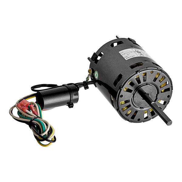 A black Manitowoc Ice fan motor with wires and a cord.