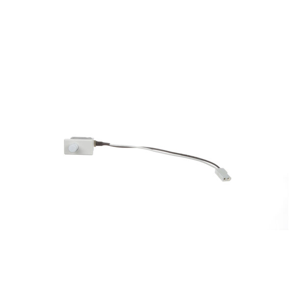 A white electrical switch with a small connector on a wire.