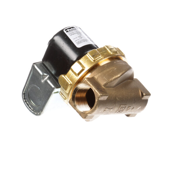 A close-up of a brass Stero solenoid valve with a gold handle.